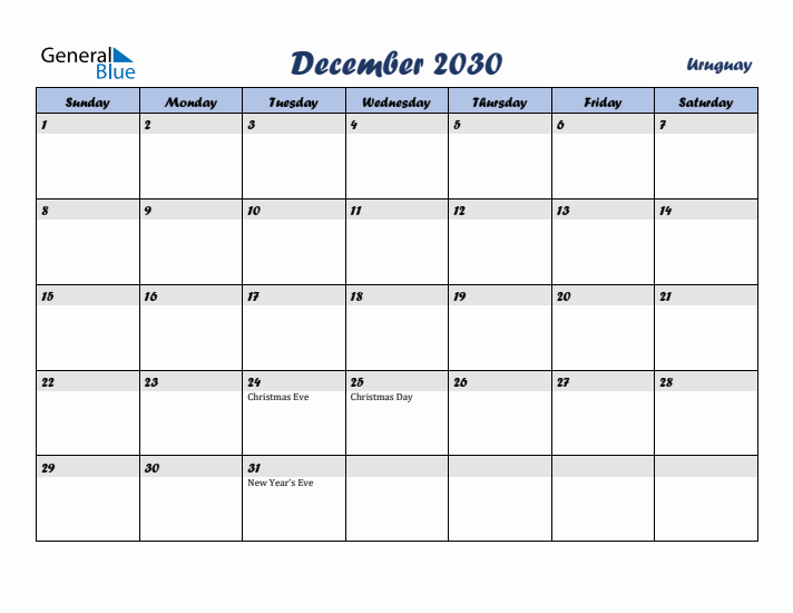 December 2030 Calendar with Holidays in Uruguay