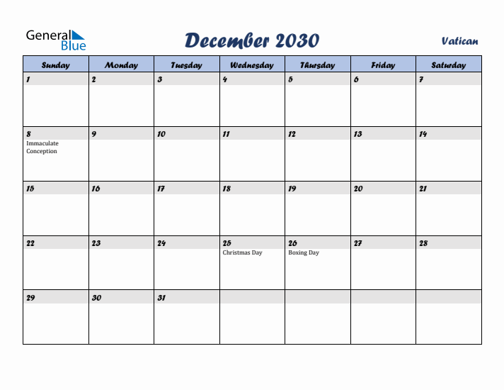 December 2030 Calendar with Holidays in Vatican