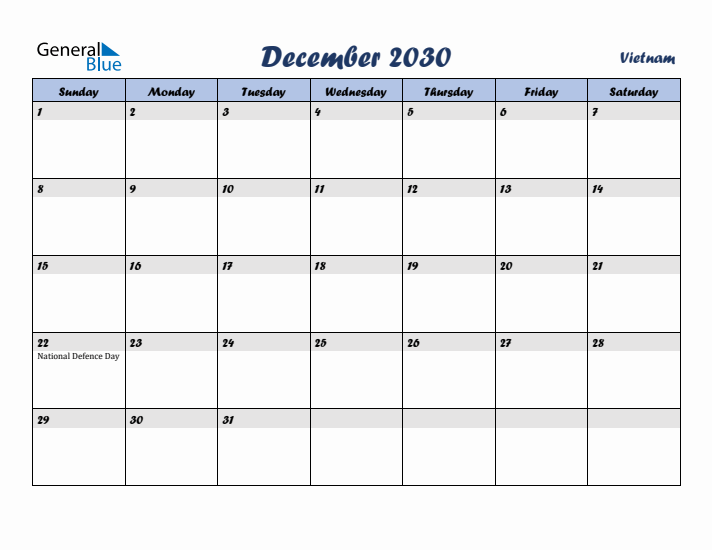 December 2030 Calendar with Holidays in Vietnam