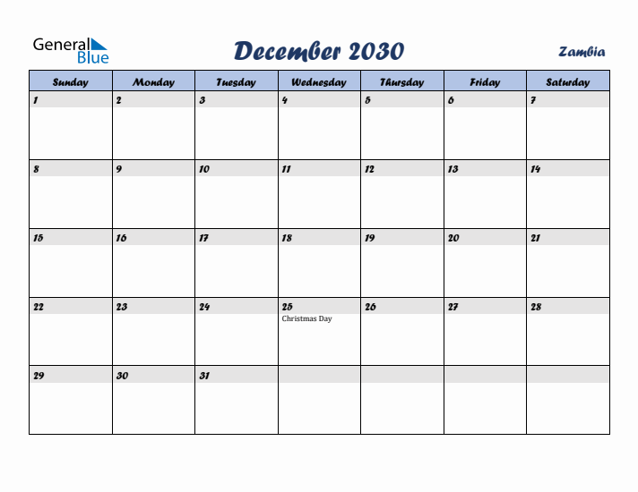 December 2030 Calendar with Holidays in Zambia