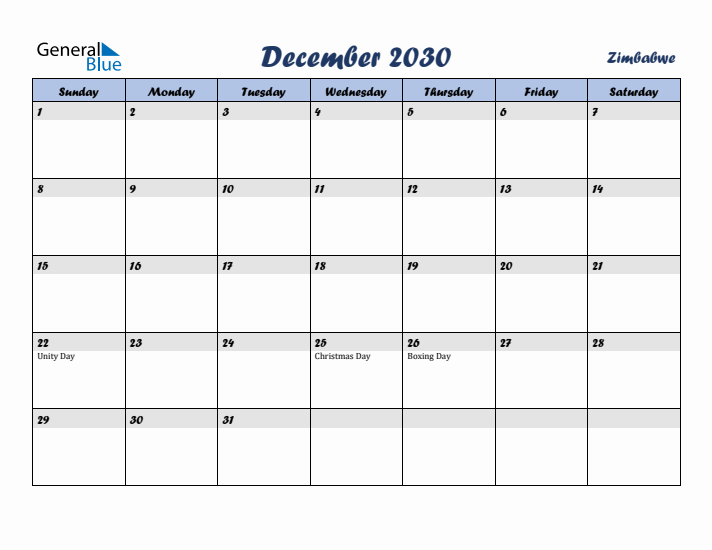December 2030 Calendar with Holidays in Zimbabwe