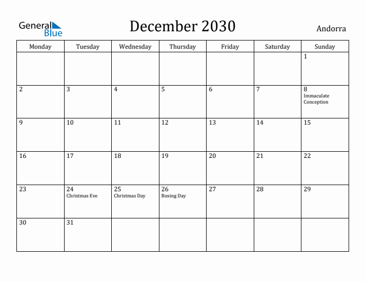 December 2030 Calendar Andorra