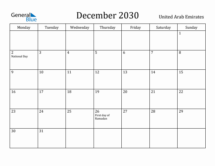 December 2030 Calendar United Arab Emirates