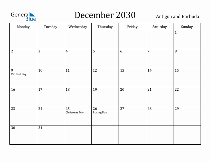 December 2030 Calendar Antigua and Barbuda