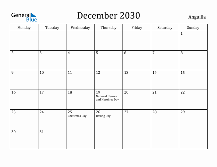 December 2030 Calendar Anguilla