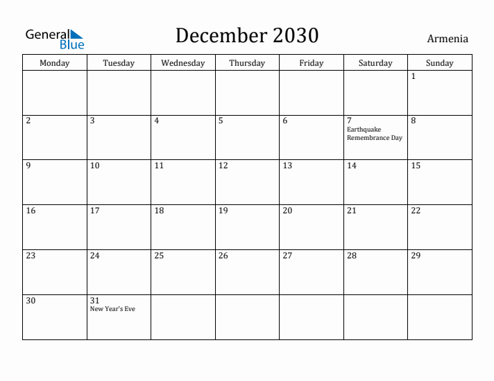 December 2030 Calendar Armenia