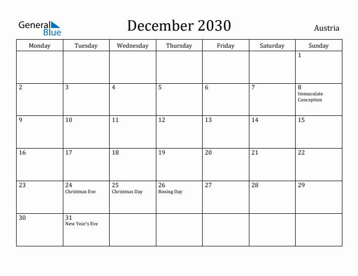 December 2030 Calendar Austria