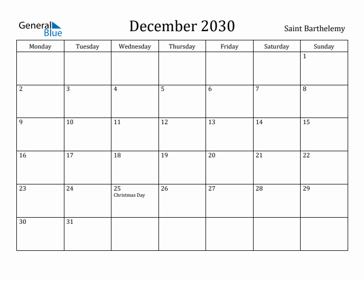 December 2030 Calendar Saint Barthelemy