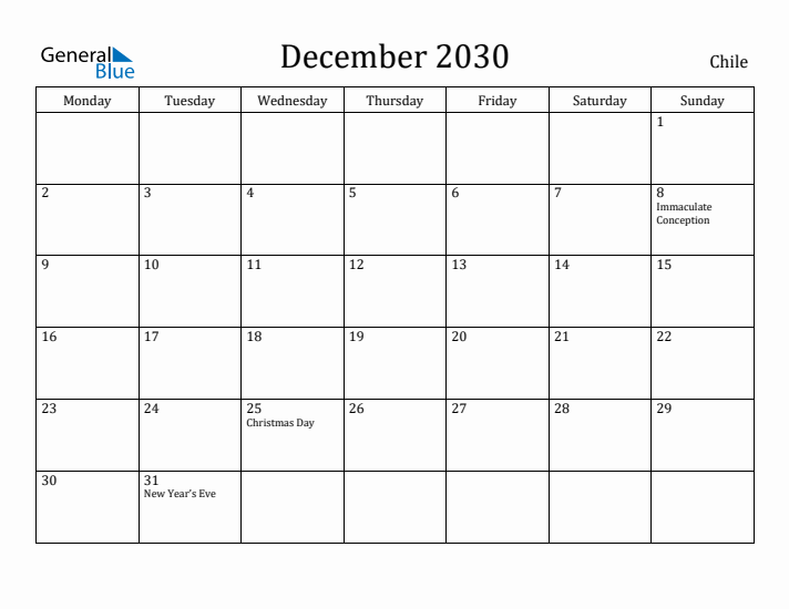 December 2030 Calendar Chile