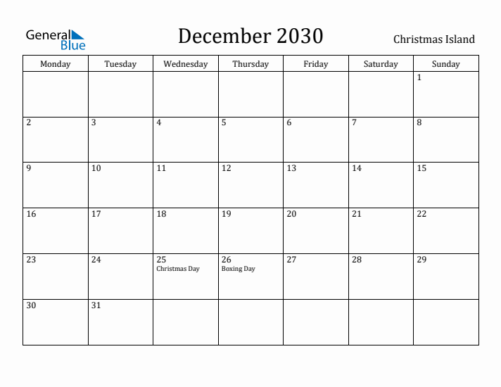 December 2030 Calendar Christmas Island