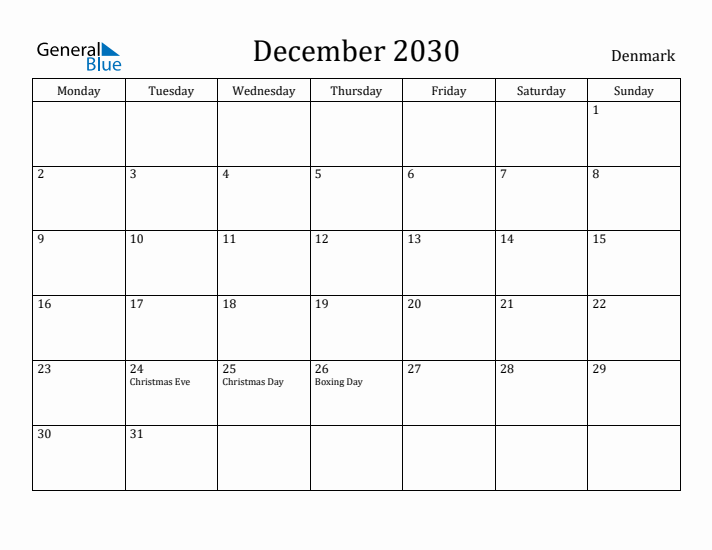 December 2030 Calendar Denmark