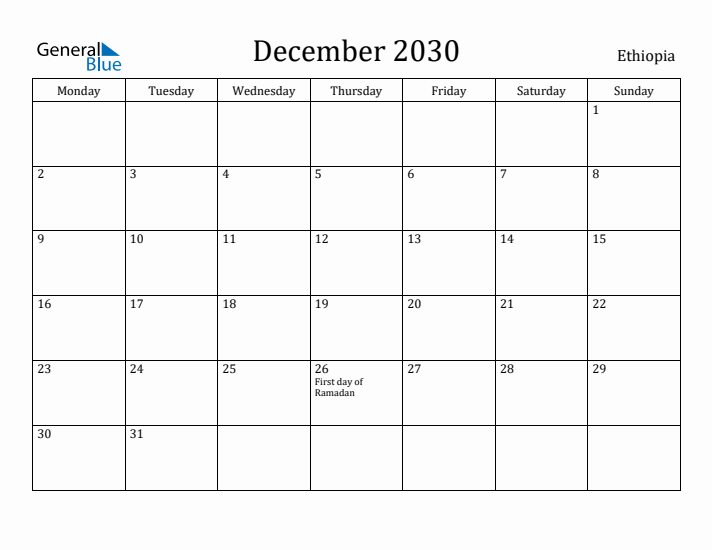 December 2030 Calendar Ethiopia