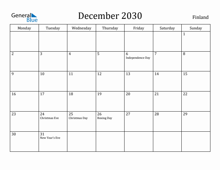 December 2030 Calendar Finland