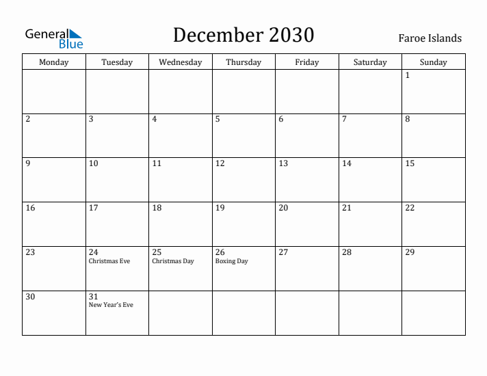 December 2030 Calendar Faroe Islands