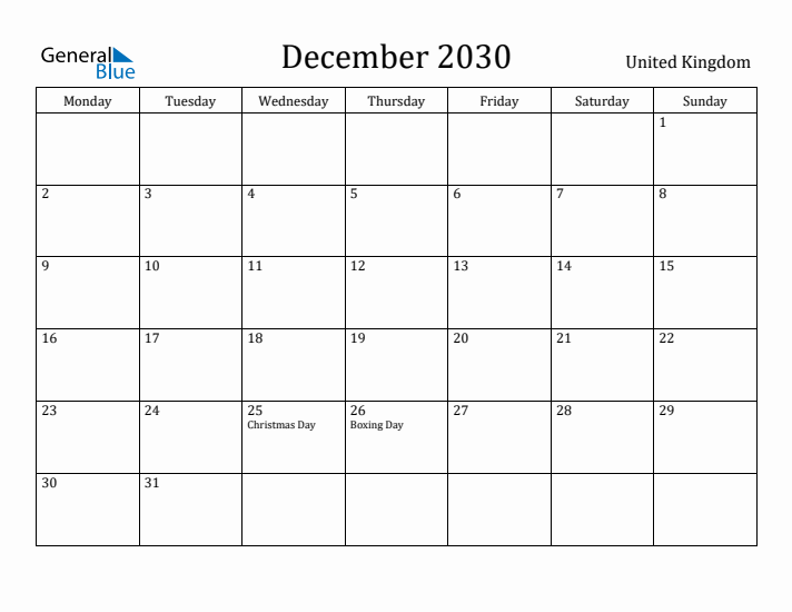 December 2030 Calendar United Kingdom