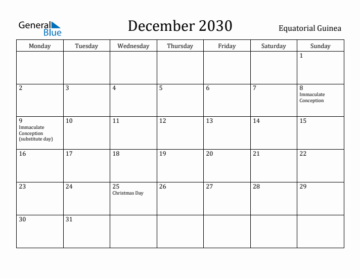 December 2030 Calendar Equatorial Guinea