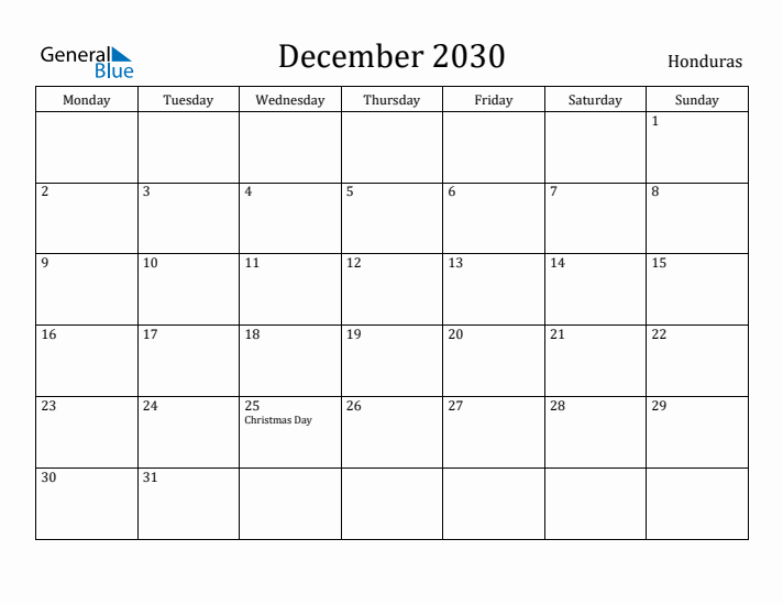 December 2030 Calendar Honduras