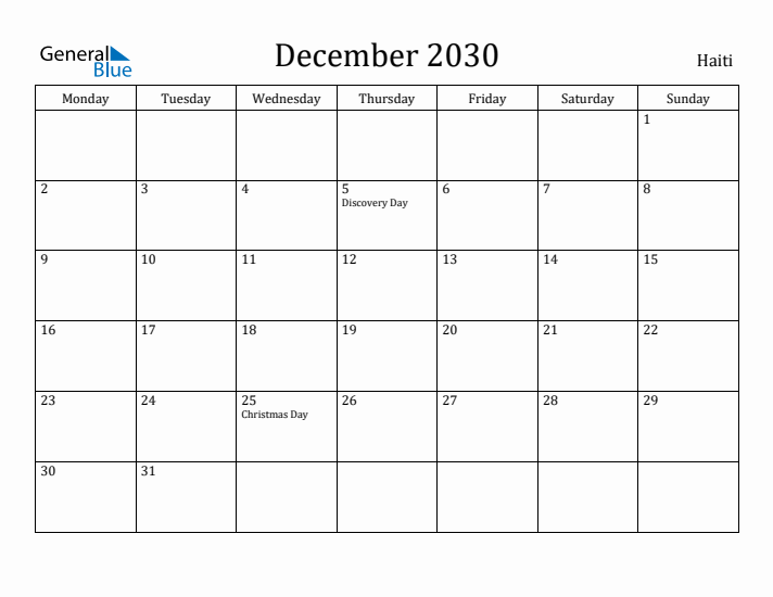 December 2030 Calendar Haiti