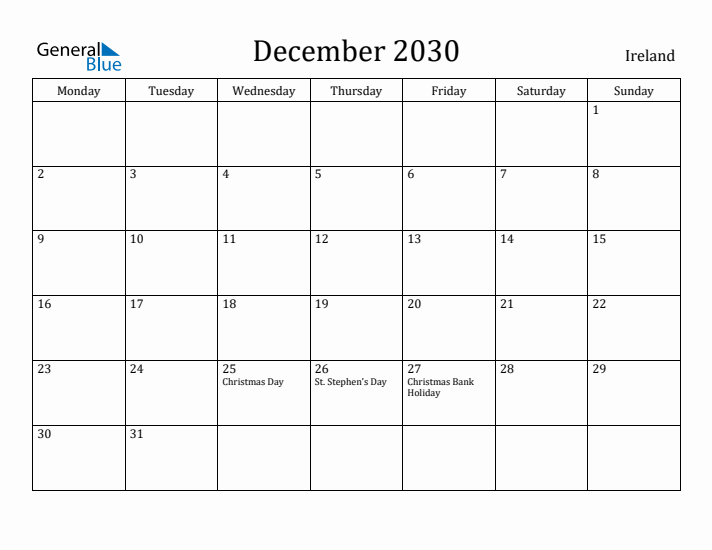 December 2030 Calendar Ireland