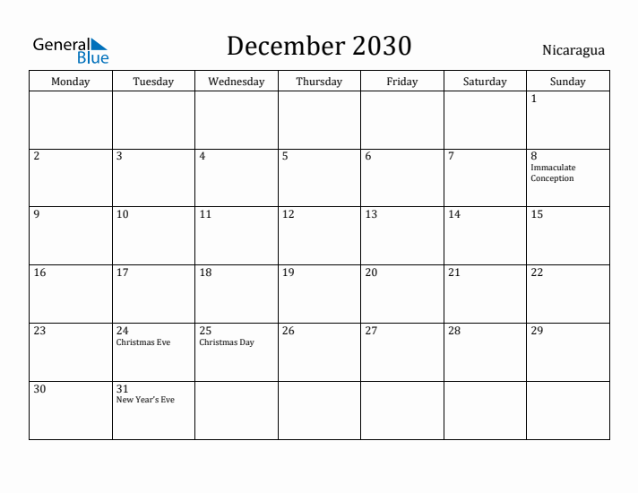 December 2030 Calendar Nicaragua