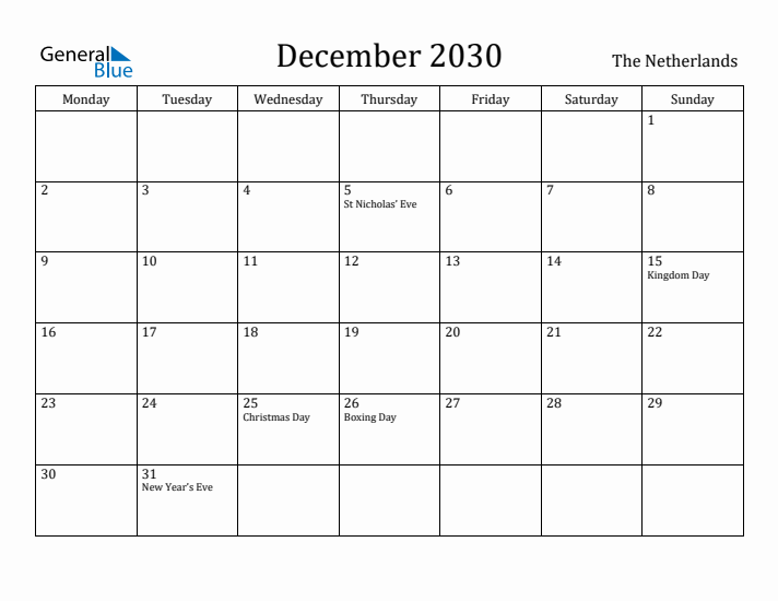 December 2030 Calendar The Netherlands
