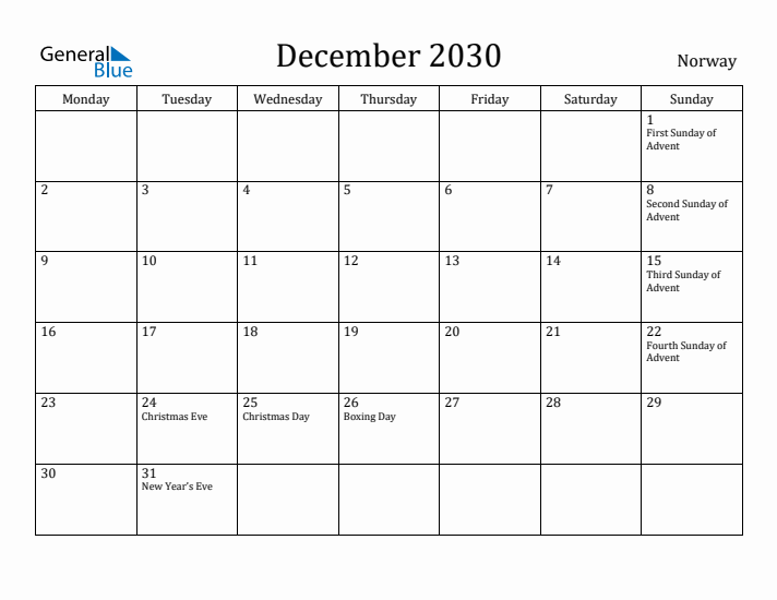 December 2030 Calendar Norway