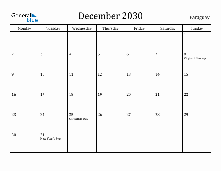 December 2030 Calendar Paraguay