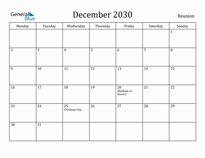December 2030 Calendar Reunion