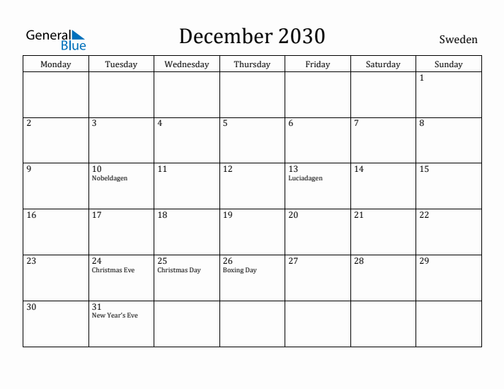 December 2030 Calendar Sweden