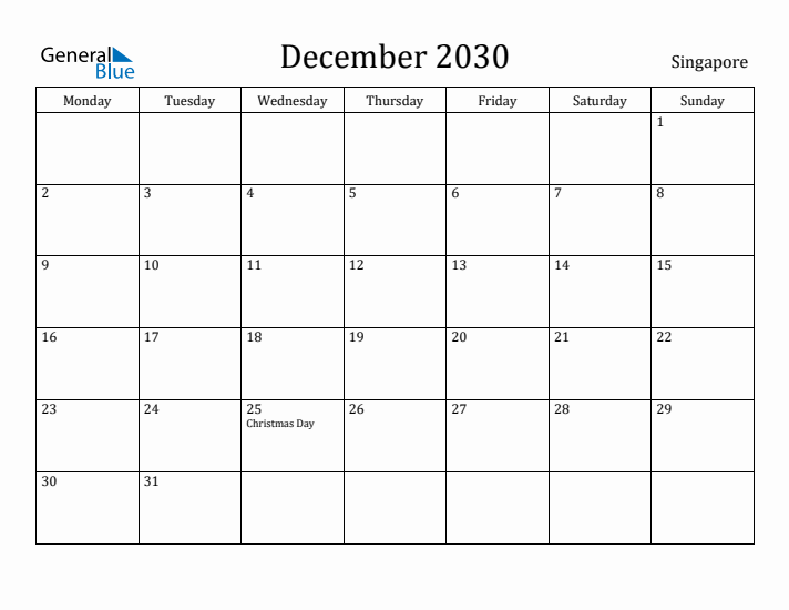 December 2030 Calendar Singapore