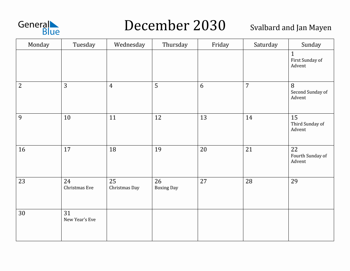 December 2030 Monthly Calendar With Svalbard And Jan Mayen Holidays