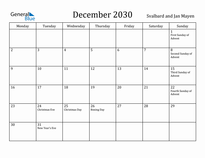 December 2030 Calendar Svalbard and Jan Mayen