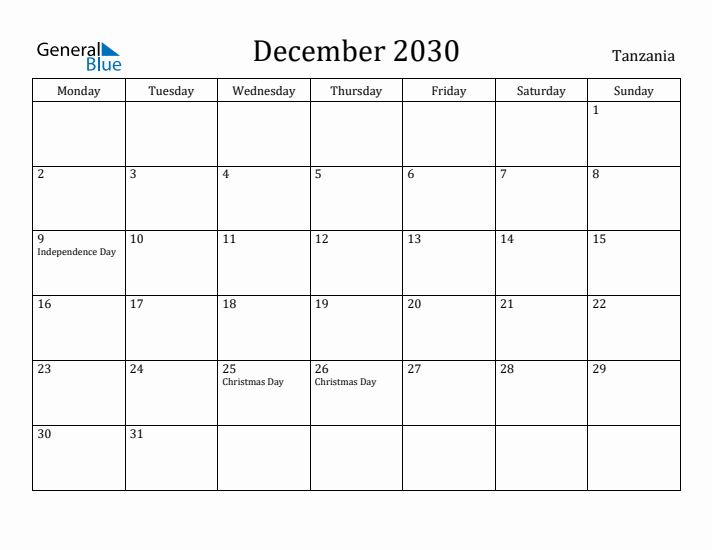 December 2030 Calendar Tanzania