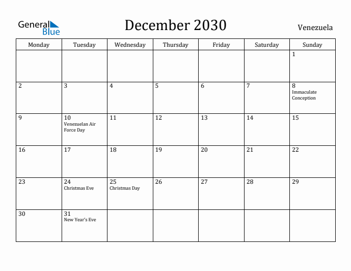 December 2030 Calendar Venezuela