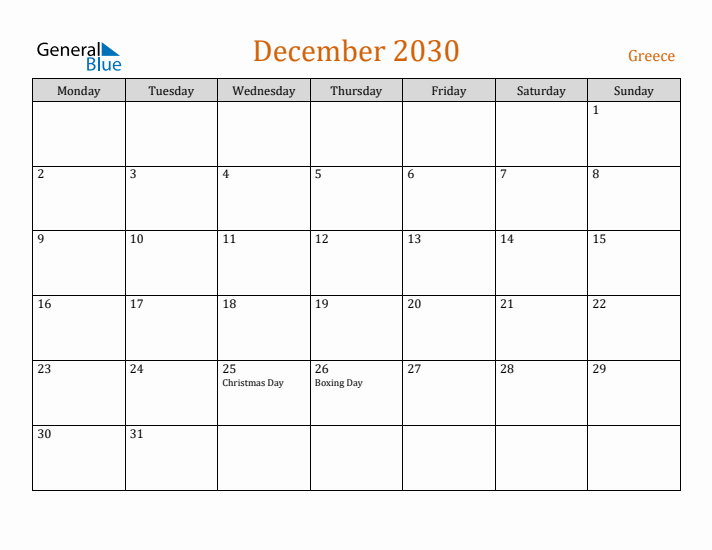 December 2030 Holiday Calendar with Monday Start