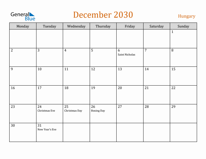 December 2030 Holiday Calendar with Monday Start