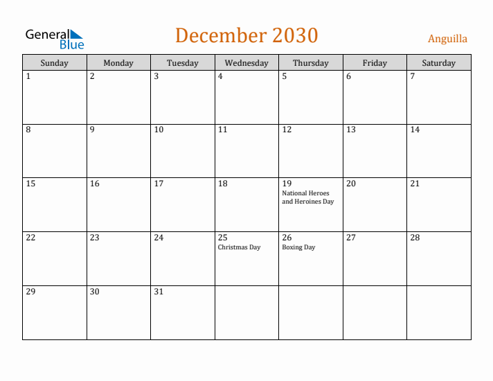 December 2030 Holiday Calendar with Sunday Start