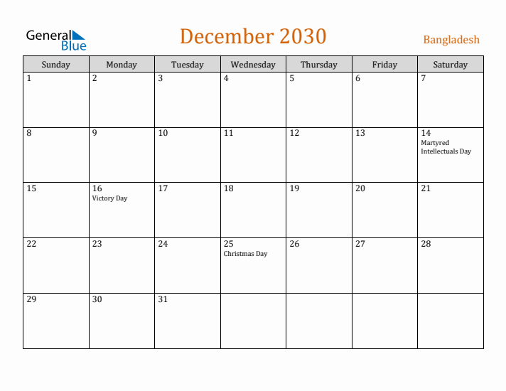 December 2030 Holiday Calendar with Sunday Start