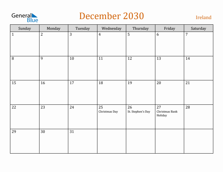 December 2030 Holiday Calendar with Sunday Start