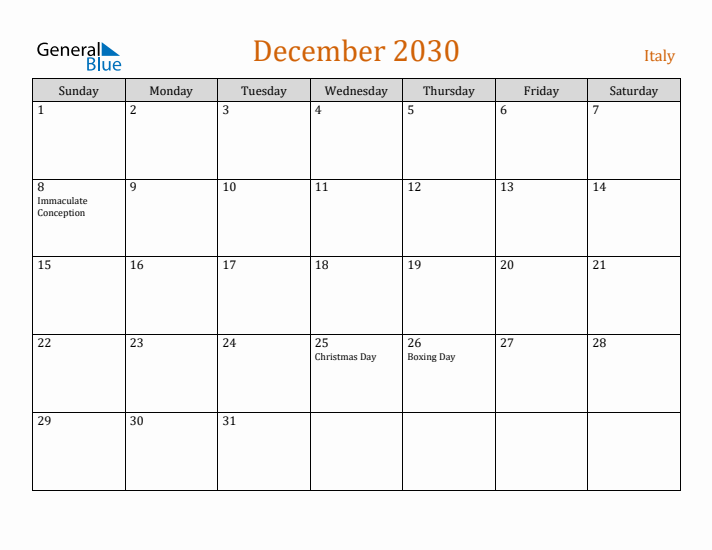 December 2030 Holiday Calendar with Sunday Start