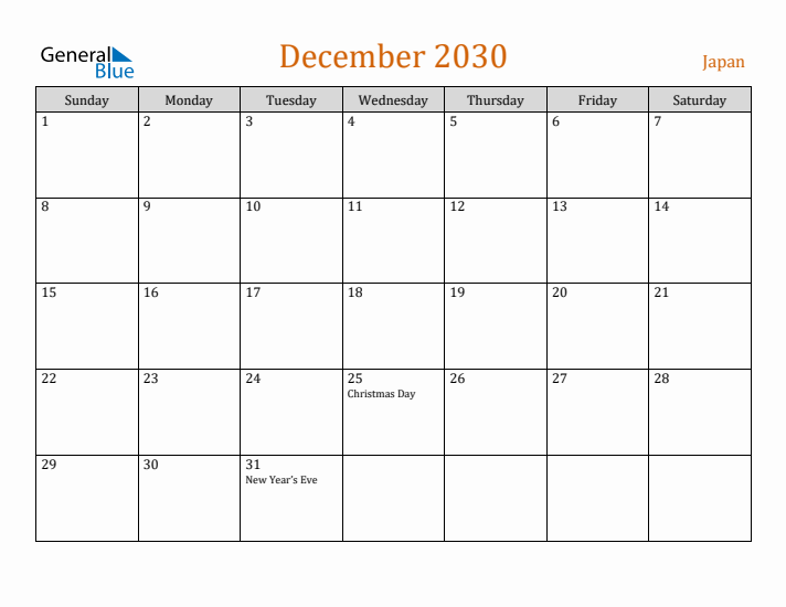 December 2030 Holiday Calendar with Sunday Start