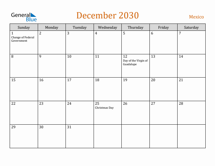 December 2030 Holiday Calendar with Sunday Start