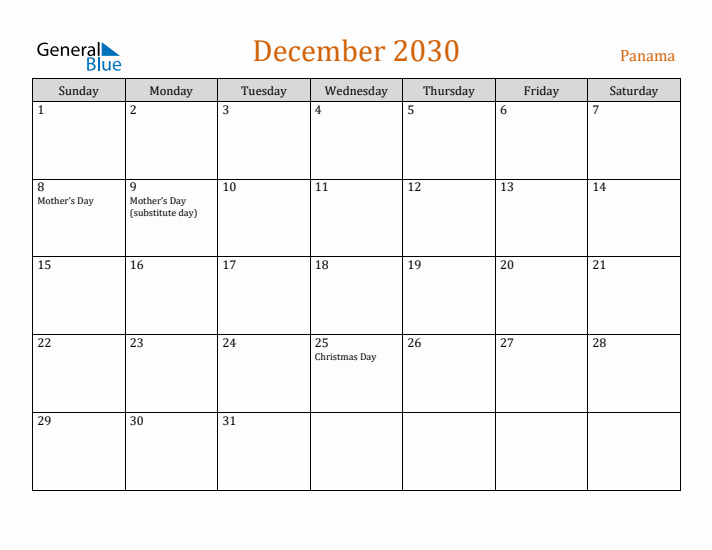 December 2030 Holiday Calendar with Sunday Start