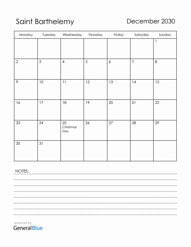 December 2030 Saint Barthelemy Calendar with Holidays (Monday Start)