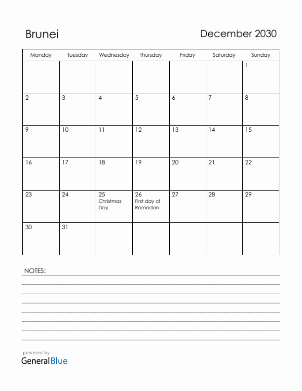 December 2030 Brunei Calendar with Holidays (Monday Start)
