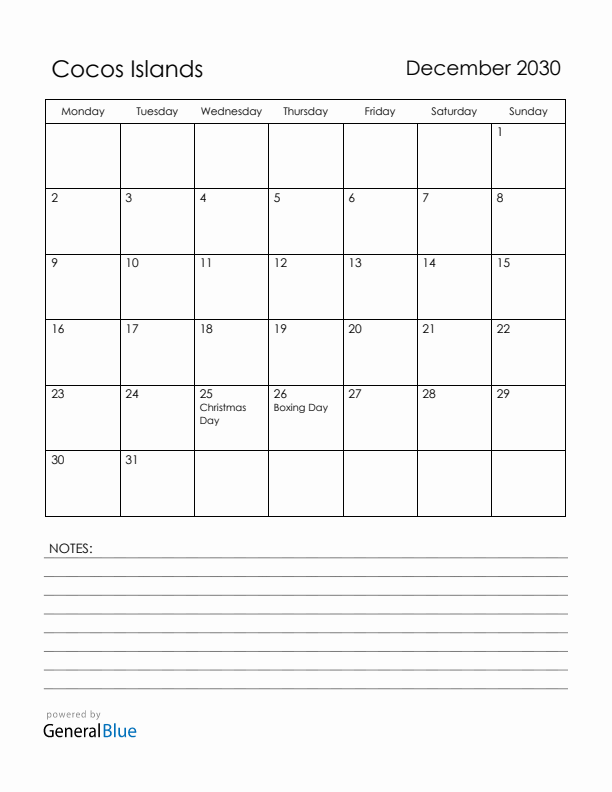 December 2030 Cocos Islands Calendar with Holidays (Monday Start)