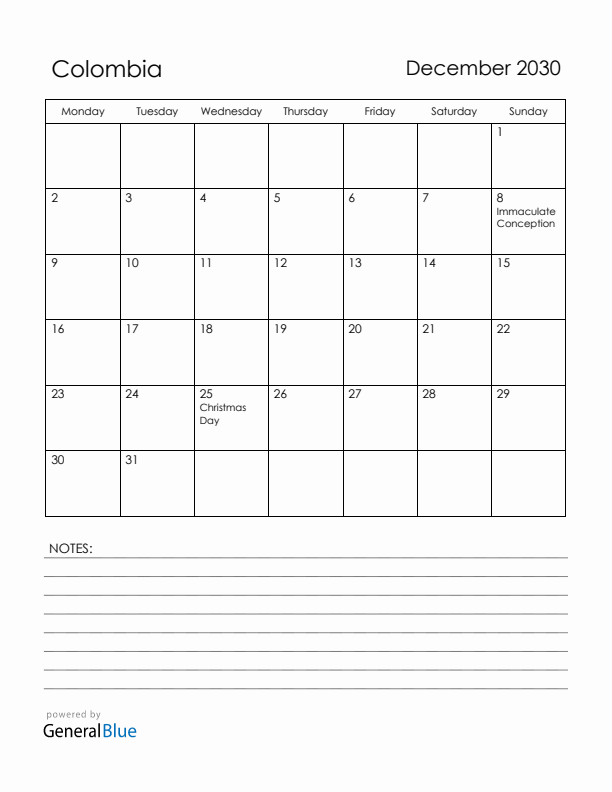 December 2030 Colombia Calendar with Holidays (Monday Start)
