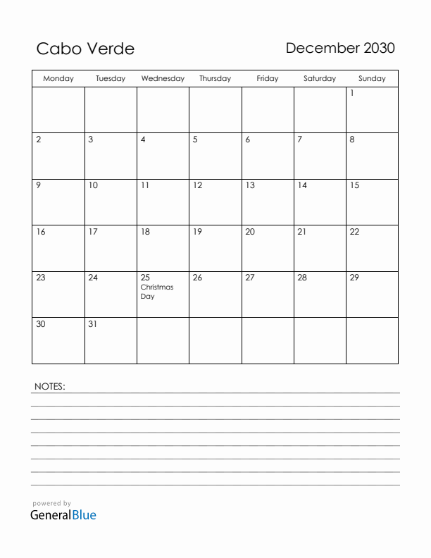 December 2030 Cabo Verde Calendar with Holidays (Monday Start)