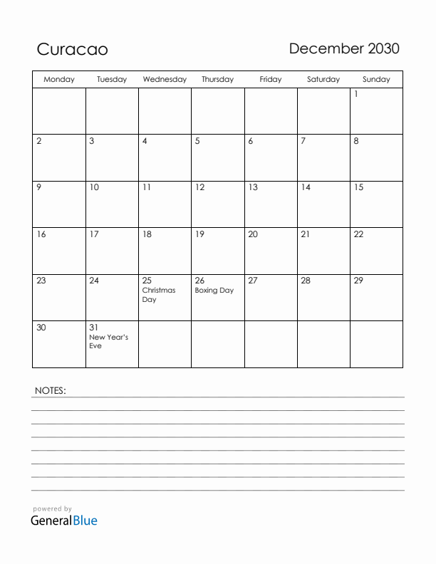 December 2030 Curacao Calendar with Holidays (Monday Start)