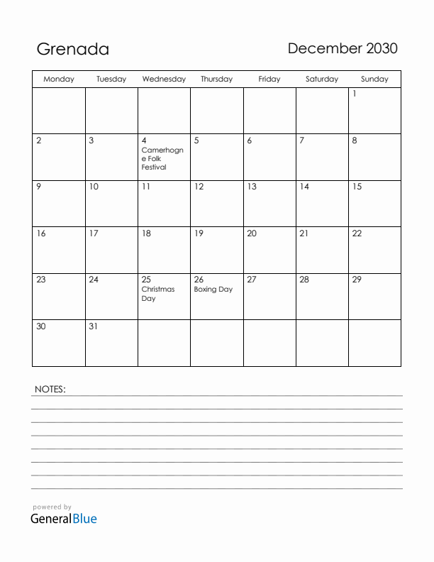 December 2030 Grenada Calendar with Holidays (Monday Start)